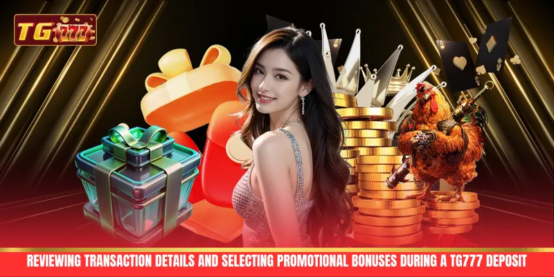 Reviewing transaction details and selecting promotional bonuses during a TG777 Deposit